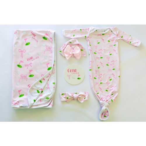 Pink Golf Baby Girl Gift Set: Swaddle Blanket, Gown, Headband