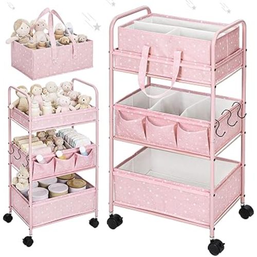 Yookeer 2in1 Baby Diaper Caddy Organizer Cart 3 Tier Large Capacity Metal Utility Bedside Rolling Cart with Divider Newborn Registry Gift Nursery Essential Must Have Bedroom Baby Shower(Pink,Star)