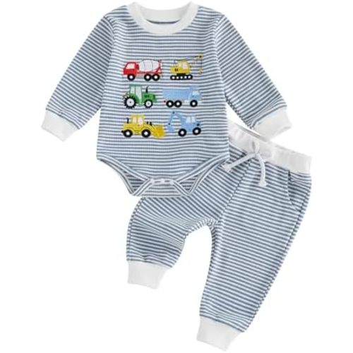 Baby Boy fall Clothes 3 6 12 18 Months Winter Outfit Waffle Truck Embroidery Long Sleeve Romper and Pants Sets