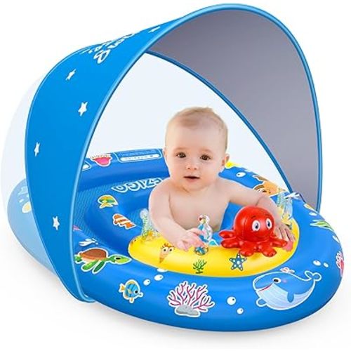 EZIGO Baby Pool Float with Canopy UPF50+ Sun Protection, Inflatable Kids Pool Floats with Ocean Animal Toys for Baby 6-36 Months, Infant Swimming Float with Adjustable Safety Seat for Boys Girls