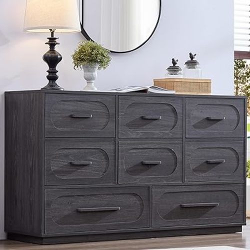 Grey 8 Drawers Dresser for Bedroom, 54" Wide Dressers & Chests of Drawers w/Solid Wood Handle, Mid Century Dresser TV Stand w/Natural Texture for Bedroom, Living Room