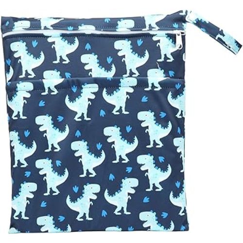 Wet Bag Baby Cloth Diaper Nappy Insert Bag Reusable With Two Zippered Pockets (Blue Dinosaurs Stomp)