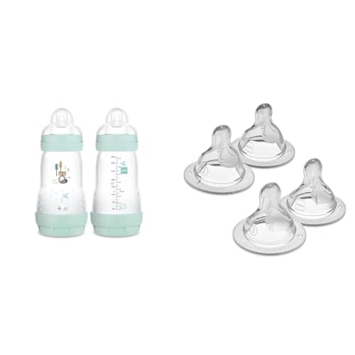 MAM Easy Start Anti-Colic Baby Bottles, Medium & Fast Flow Nipples, 9 oz (2 Count) & Mixed Flow Nipple 4 Pack for Newborns & Older