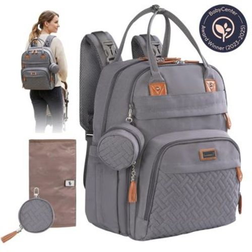 BabbleRoo Original Diaper Backpack 26L with Changing Pad, Stroller Straps & Water-Resistant Pañaleras, Cool Gray, Large