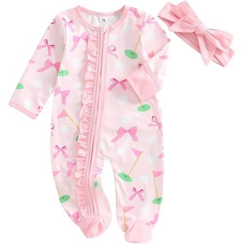 Ysfanwuxi Newborn Baby Girl Golf Outfit Bow Golf Romper Long Sleeve Footed Zipper Jumpsuit Infant Fall One Piece Clothes