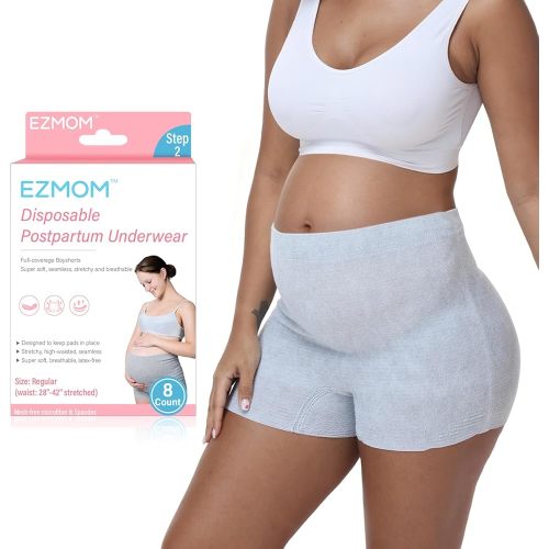 Postpartum Underwear, 8 Pcs Disposable Postpartum Essentials, High Waisted Stretch Maternity Boyshort Panties, Breathable After Birth Recovery, Hospital Bag Essential, Waist 28"-42", Grey