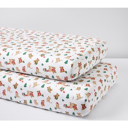 Set of 2 Holiday Teddy Bears Organic Crib Fitted Sheet