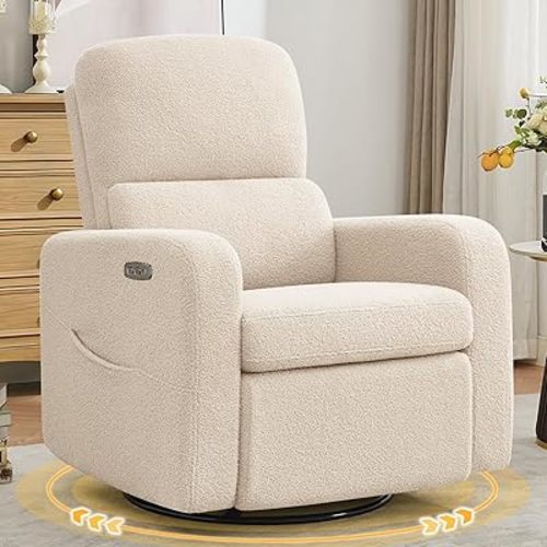 Power Swivel Rocker Recliner, Oversized Electric Boucle Recliner Chair, Swivel Glider Nursery Reclienr with Removable Cushion, Upholstered Recling Chair for Living Room Bedroom, Teddy Beige