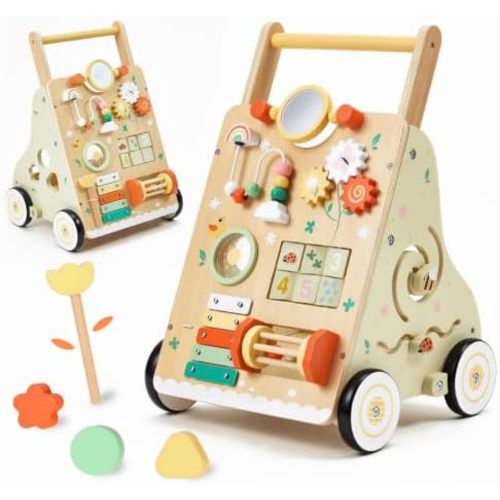 Wooden Baby Push Walker for 1 Year Old, Montessori Wood Walking Toy