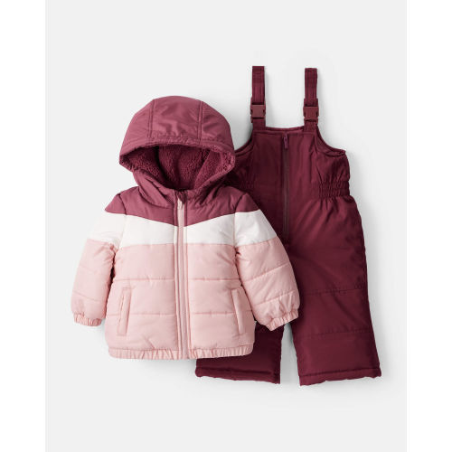 Baby Girl 2-Piece Color Block Hooded Snowsuit Jacket & Bib Set - Pink/Red - Carter's | Carter's