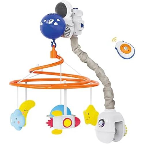 Baby Crib Mobile with Music and Lights, Space Baby Mobile for Crib with Remote Control, Spaceman Nursery Decor Hanging Plush Crib Toys for Newborn Boys and Girls Infant Babies 0-6-12 Months