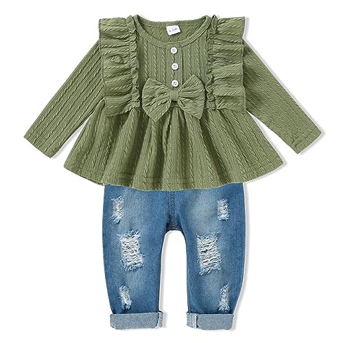 SANMIO Girl Clothes Outfits, Cute Toddler Baby Ruffle Sleeve Floral T-Shirt Tops with Ripped Jeans Pants Set