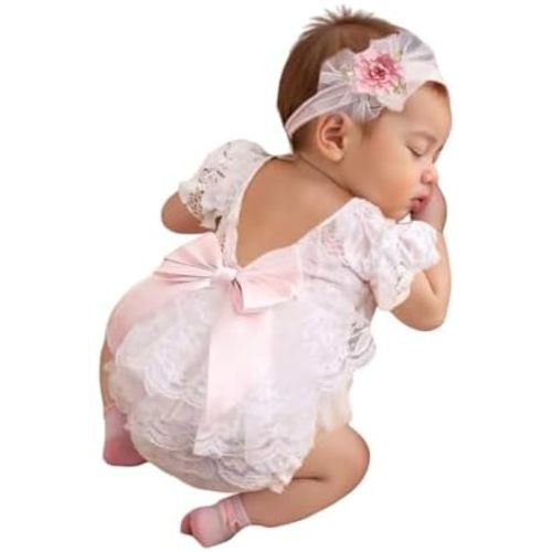 Newborn Girl Photography Outfits, Backless Lace Romper with Flower Headband Photo Props, Baby Girl Photoshoot Outfits
