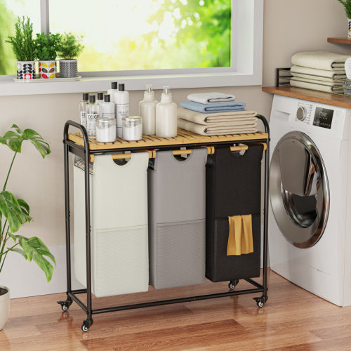 Rebrilliant Jamil Laundry Hampers 3 Section with Rolling Wheels & Pull-out Bags, Bamboo Laundry Sorter for Laundry Room Bathroom | Wayfair