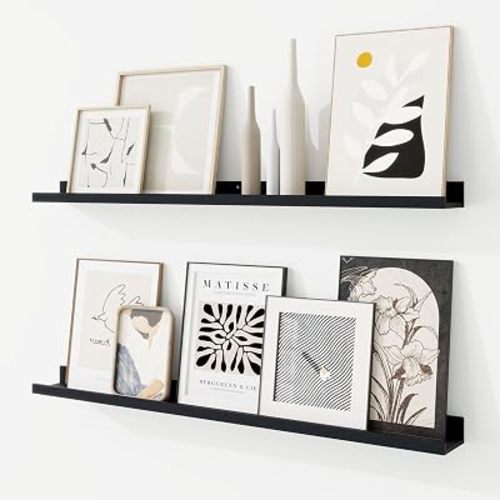 RICHFOCUS Picture Ledge Shelf, 36 inch Floating Shelves Set of 2, Wood Wall Shelves with Lip, Wall Decor Storage for Bedroom Living Room Bathroom Kitchen Nursery Photo Picture, Black