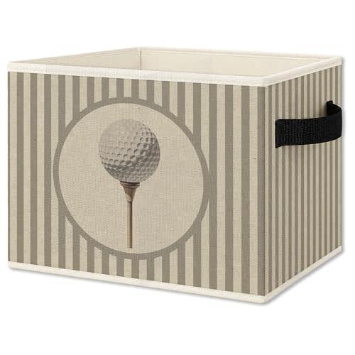Vintage Golf Storage Bins Box with Handles, Golfing Sports Decor for Boys, Sage Striped Classic Golf Ball Aesthetic Collapsible Organizer Basket for Nursery Room Bedroom Playroom Toys Books