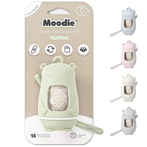 Teddy Bear Diaper Bag Dispenser | Diaper Trash Bags on the Go Dispenser w/Silicon Strap | 15 UNSCENTED Baby Poop Bags per Roll | Dirty Diaper Bags Disposable | Diaper Waste Bags (SAGE GREEN)