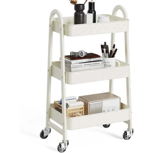 CONCETTA 3-Tier Utility Rolling Cart, Metal Mobile Storage Rack with Lockable Castors for Office, School, Bathroom, White