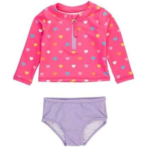 RuffleButts® Baby/Toddler Girls Long Sleeve Rash Guard 2 Piece Swimsuit Set w/UPF 50+ Sun Protection with Zipper