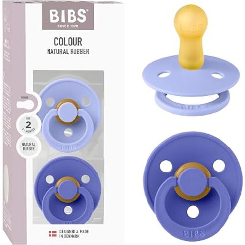 BIBS Color Pacifier 2-Pack, BPA Free Pacifiers, Round Nipple. Natural Rubber Latex, Size 2 (6-18 Months), Hush/Grape
