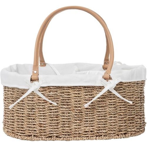 QINGTUHOME Handwoven Wicker Diaper Caddy Organizer, Multi - functional Baby Diaper Bag for Nursery & Home Storage, Detachable Lining, PU Handles, Baby Registry Must Haves (Seagrass)