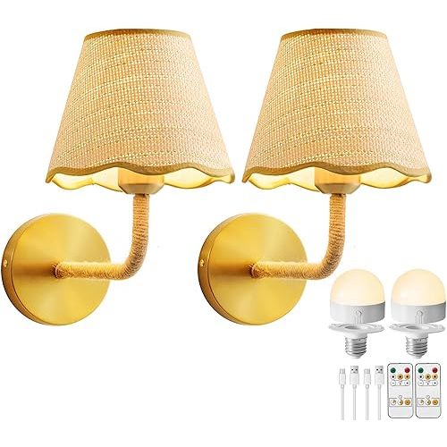 Battery Operated Rattan Wall Sconces Set of Tow, Wireless Rechargeable Battery Powered Wall Light with Grass-Woven Lampshade for Bedroom Living Room Hallway Porch