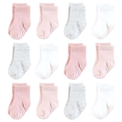 Hudson Baby Infant Girl Cotton Rich Newborn and Terry Socks, Pink Gray Basic, 0-6 Months