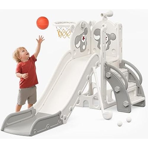 Mloong 6 in 1 Toddler Slide - Kids Slide for Toddlers Baby 1-3 Years Old, Indoor and Outdoor with Basketball Hoop Upgraded Golf for Kids Easy Assembly Pegasus Design (Beige & Gray)(28×62×39in)
