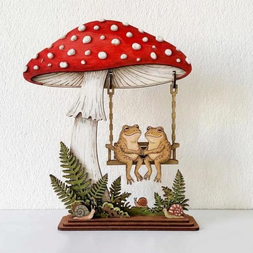 Whimsical Frog Couple Wooden Swing Decoration - Cottagecore Home Decor