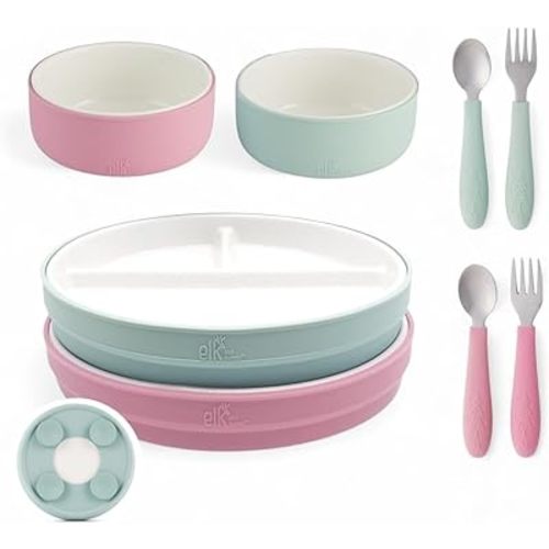 Elk and Friends Kids Porcelain Mealtime Bundle with Suction Sleeves | Plates, Bowls + Toddler Utensils | Silicone Sleeves | For Meals + Snacks | Microwave + Dishwasher Safe