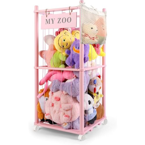 Stuffed Animal Storage Zoo with Wheels, Wooden Stuffed Animal Organizer with Elastic Cords, Space Saving Toy Plushies Storage Holder for Playroom, Bedroom, Living Room(Pink, Small)