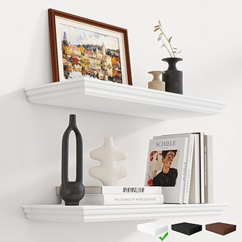 Fun Memories Floating Shelves 24 Inch Long, 9.3 Inch Deep Classic Crown Molding Floating Shelves for Wall, Rustic Wooden Shelves for Wall Decor Bathroom, Kitchen, Office, (White, 2Pack)