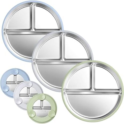 Vesteel 3-Piece Stainless Steel Plate with Suction, 9" Divided Dinner & Snack Plates with Removable Silicone Sleeves, Non Slip & Dishwasher Safe, Blue/Grey/Green
