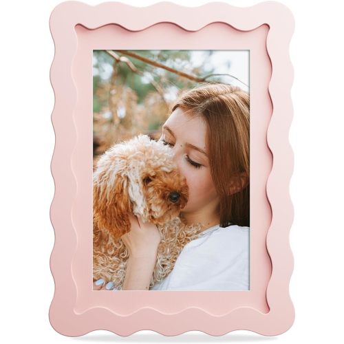 5x7 Picture Frame with Mat for 4x6, Wavy Edge Wooden Real Glass Photo Frame for Tabletop and Wall Hanging, Pink, 1 Pack