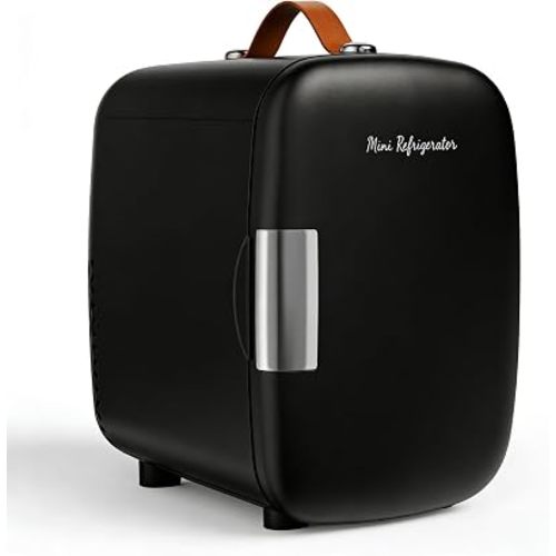 NEWBULIG Mini Fridge for Bedroom, Office & Car, Portable 4L/4.23QT Mini Refrigerator for Skincare with Handle, Ultra-Quiet Energy-Saving Compact Cooler for Drinks, Food, Skincare & Makeup, 12V AC/DC