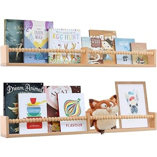 Nursery Book Shelves Wall Mounted Set of 2, 32 inches Wooden Floating Wall Bookshelves for Kids,Nursery Shelves for Bookshelf Wall,Kids Bookshelf for Kids Room, Bedroom and Study Room