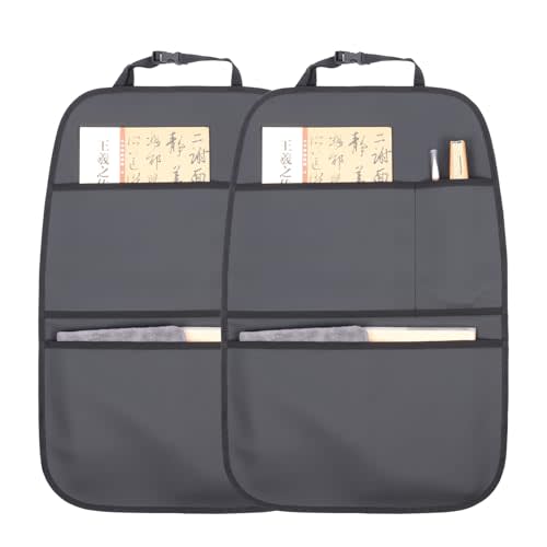 pefirst Kick Mat Back Seat Protector Waterproof Leather Car Seat Back Organizers Cover with 3 Storage Pockets for Kids Pets SUV Sedan Minivan Truck Car Travel Accessories (Black 2-Pack)