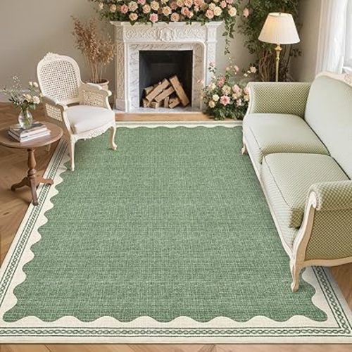 Scalloped Washable Rugs 5x7 Rug for Living Room, 5 x 7 Rug Solid Sage Green Modern Low-Pile Carpet for Bedroom Dining Nursery Non Slip Mat with Rubber Back