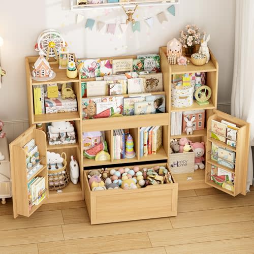 FINETONES 55.2'' W Kids Bookshelf and Toy Storage with 9 Cubbies, Toy Organizer Book Shelf with Movable Drawer and Book Shelves, Playroom Storage Toy Chest Cabinet for Living Room, Natural