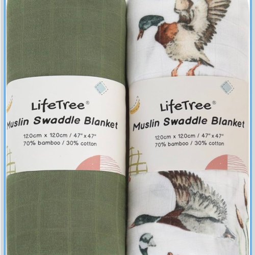 LifeTree Muslin Swaddle Blankets, Baby Swaddling Wrap Nursery Receiving Blanket for Boys & Girls, 70% Viscose from Bamboo and 30% Cotton, Large 47 x 47 inches Mallard Duck/Olive Green