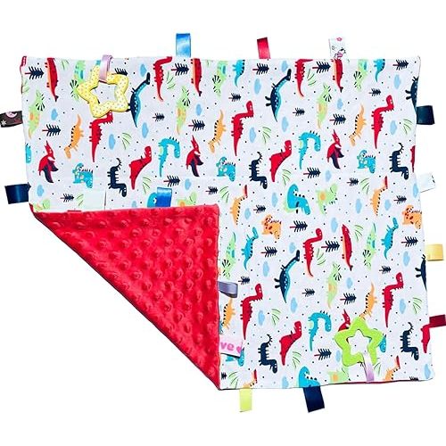 Big Tags Soft Red Dinosaur Blanket for Babies and Toddlers - Cute Security Taggy With Tags, 55x45CM/21.7x17.7INCHES