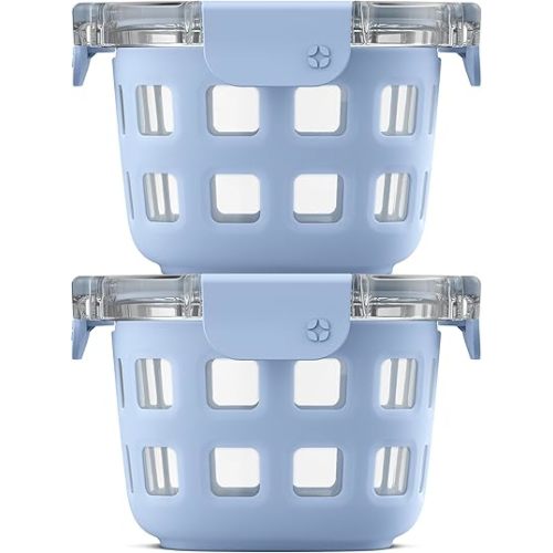 Ello Duraglass 2-Pack 2 Cup Reusable Glass Container Jar with Leak Proof Lids and Protective Silicone Sleeves | Perfect for Overnight Oats, Snacks, Yogurt | BPA-Free | Dishwasher Safe | Halogen Blue