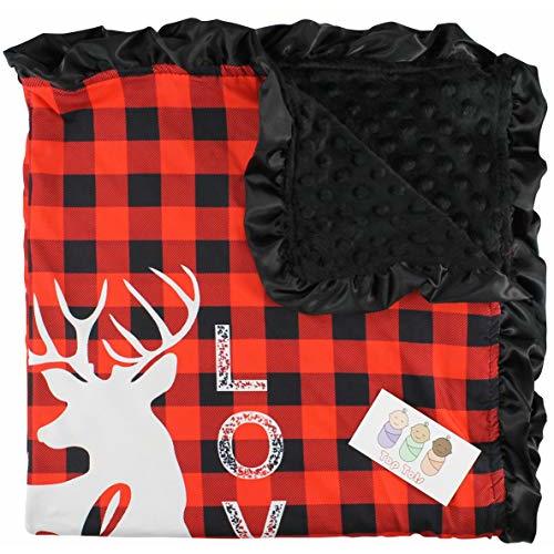 Top Tots Baby Blanket - Minky, Deer with Text, White on Red and Black Plaid, with Black Ruffles