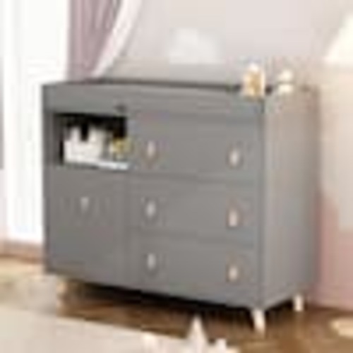 FUFU&GAGA 4-Drawer Gray Wood Kids Dresser Changing Table Dresser Storage Cabinet With Shelves 38 in. H x 45 in. W x 18 in. D THD-KF180079-04
