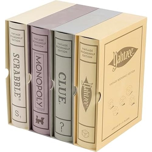 WS Game Company Scrabble, Monopoly, Clue, & Yahtzee Vintage Board Game Bookshelf Collection, Family Classic Board Games for Kids & Adults, Elegant Fabric-Wrapped Book Storage, for Ages 8+