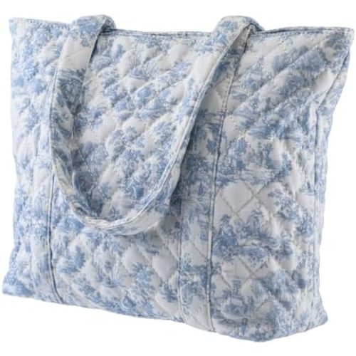Quilted Tote Bag for Women Small Vintage Floral Shoulder Bag Handbag with Zipper Interior Poeckt for Work Travel
