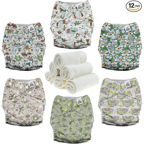 Mama Koala 3.0 Pocket Cloth Diapers for Babies with AWJ Lining, 6 Pack with 6 4-Layer Natural Cloth Diaper Inserts - Reusable and Washable Pocket Diapers(Cute Dinosaurs)