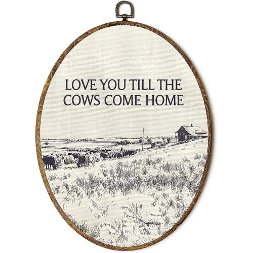 FSTCSV Vintage Western Cow Oval Wall Art Framed, Western Cowboy Cows Canvas Prints Wall Hanging Art, Love You Till The Cows Come Home Oval Walls Decor for Entryway Home Living Room, 8.5x11.5in