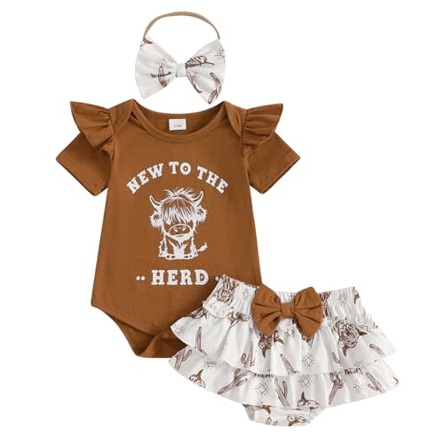 Kayotuas Western Baby Girl Clothes Summer Cowgirl Outfits My First Rodeo Romper Cow Print Bloomer Shorts Headband 3 Piece Set