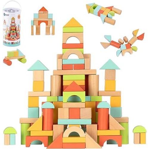 FCSONU Wooden Building Blocks for Toddlers 1-3, 100 Pcs Wood Blocks Set - Sorting & Stacking Toys with Storage and Lid, Kid Montessori Toys Ages 2+, Christmas 1st Birthday Gifts for Boys Girls Baby